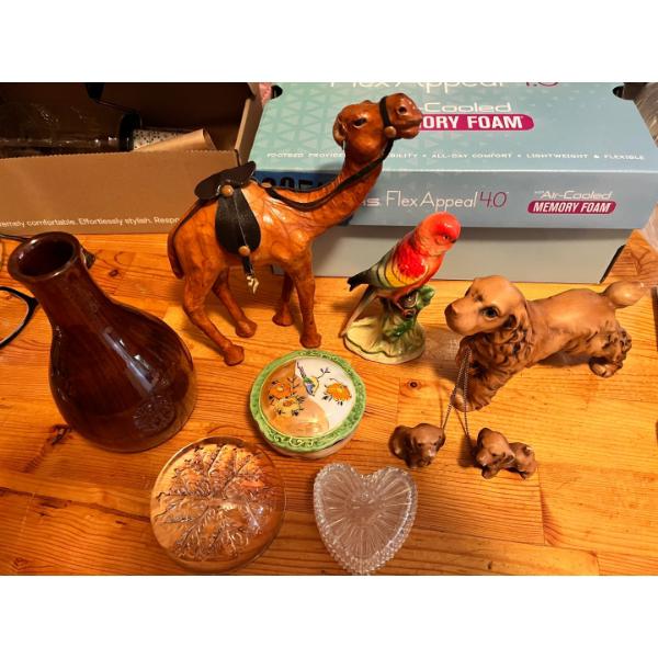 Camel made out of camel hide, vase made out of walnut, ceramic parrot and dog, 2 jewellery trinket j