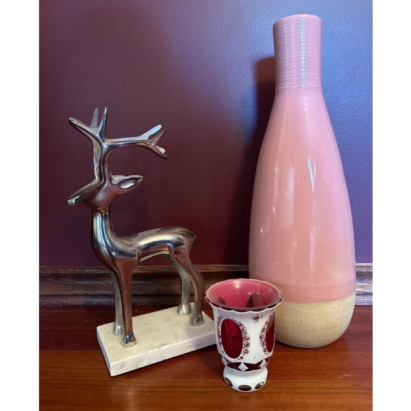 Gorgeous Vietnam Vase (17.5), Metal Deer Statue From India, Beautiful Bohemian Overlay Pink Goblet 