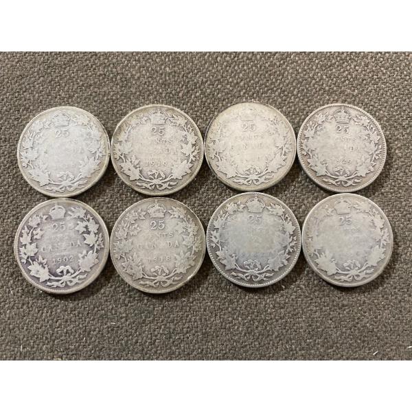 Eight Canadian 25-Cent Silver Coins, 1902 Edward VII Era