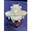 Image 1 : Intricately Craved Jade Incense Container on Wood Stands 3 inch H 