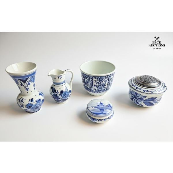Collection Of Vintage Dutch Delftware Pottery, Identifiable By Its Signature Blue-And-White Floral