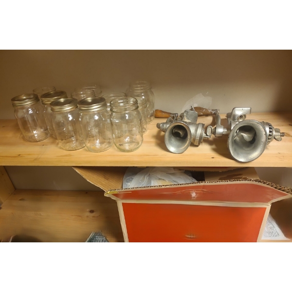 Pair of Vintage Meat Grinders & Variety of Canning Jars