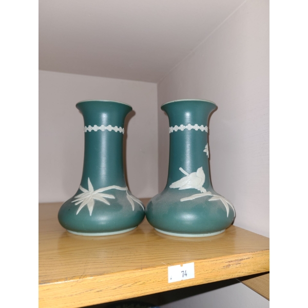 Pair of Jasperware Green Dudson Brothers Vases, 6 T