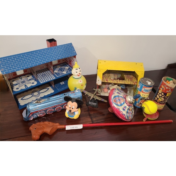 A tin Int'l Express Train, Tin Doll House & Barn, Tinkertoy Kits & Lg Spinning Top & more