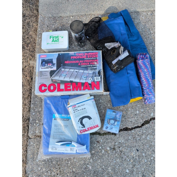 COLEMAN Camp Grill w/ Spare Hose New Tarp Rope & Headlamp Vintage Air Beds & more