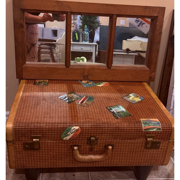Wood-Framed Mirror and Upcycled Suitcase Table Set