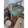 Image 4 : Floral Upholstered Stool 17 w 15 d, 15 h.  Vintage Hardcase Luggage & Green Wooden Sewing Stand