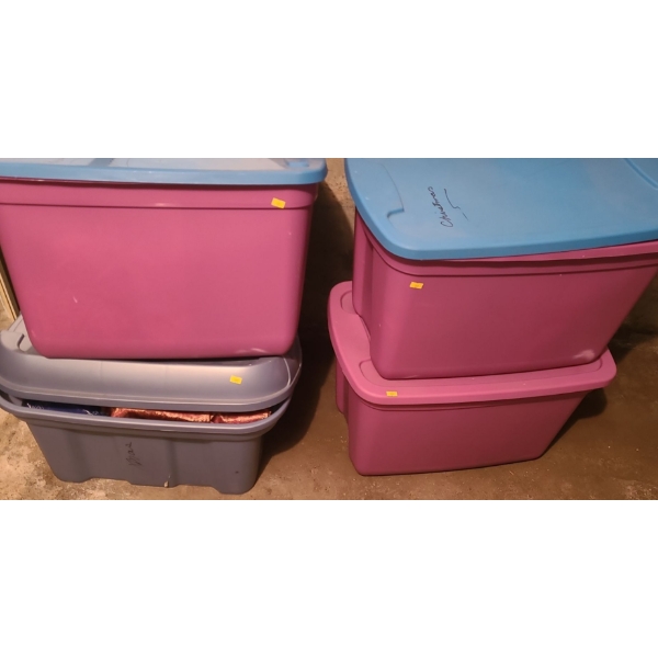 4 Big Bins of Holiday Decorations Including: Garland, Stockings, Lights and More!