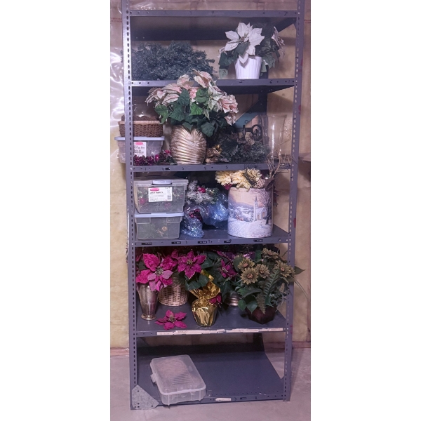 Metal Shelving Unit With Artificial Plants and Decorative Items
