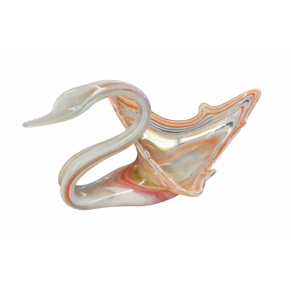 Murano-style art glass swan dish or centerpiece bowl, often featuring orange, white, and clear swirl