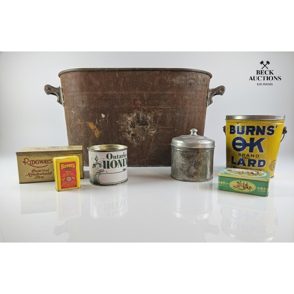  Antique Copper Boiler Tub  28''Inches In Width , Vintage Household Tins And A Rustic Metal Tub.