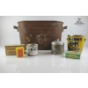 Image 1 :  Antique Copper Boiler Tub  28''Inches In Width , Vintage Household Tins And A Rustic Metal Tub.
