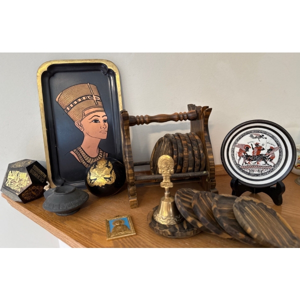 Egyptian Queen Nefertari Tray w/ Hand Carved Coaster Set Souvenir Bell & More 