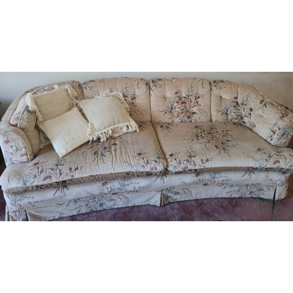 Beige w/ Floral: Chair 36 w, 32 d, 27 h and Couch 83 w, 32 d, 27 h