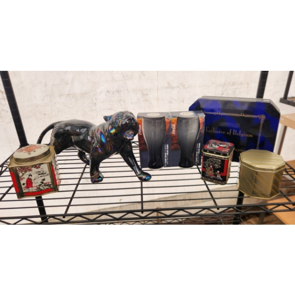 Decorative Black Panther with Coca-Cola Glasses and Assorted Tins