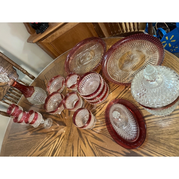 Set of vintage Ruby Indiana Glass Diamond Point Ruby Flash glassware