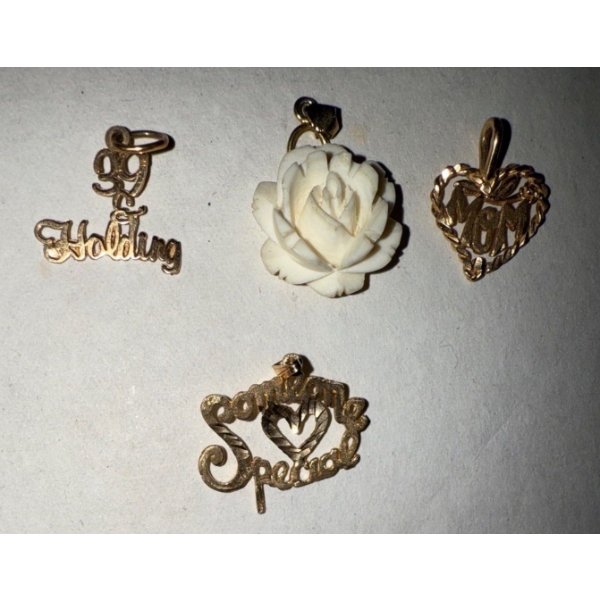 Stamped 10K Yellow Gold Jewelry Charms (3 )w/ Genuine Ivory Rose Pendant 