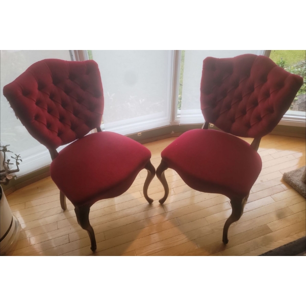 Antique Red Velvet Chairs (2) -  22W, 18D, 35T Each (One Has Cracking on Wood & Fraying on Fabric) 