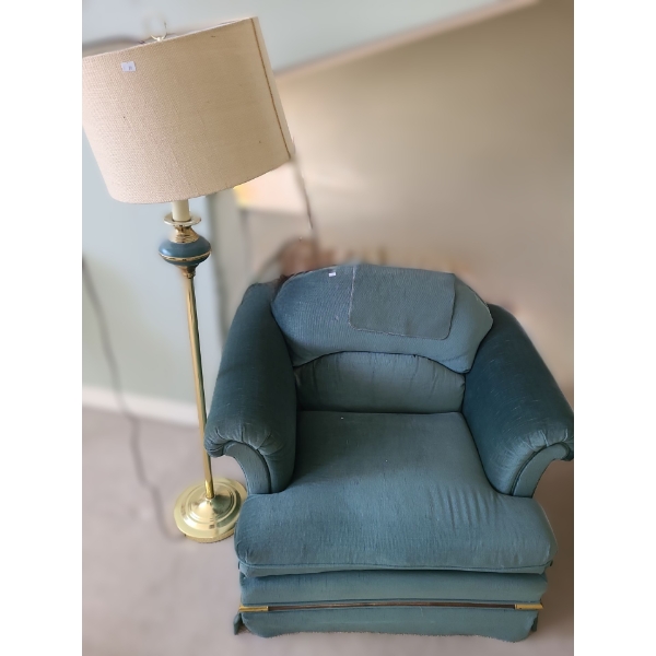 Teal Fabric Chair 39 W, 31 D, 30 T and Floor Lamp 58 T to Top of Finial 