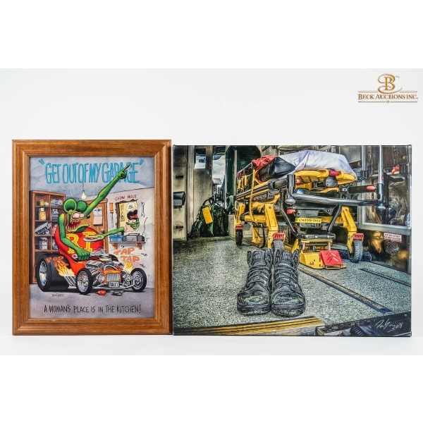 Print Depicting "Get Out of My Garage'' & Framed Picture "Rat Fink" Character 