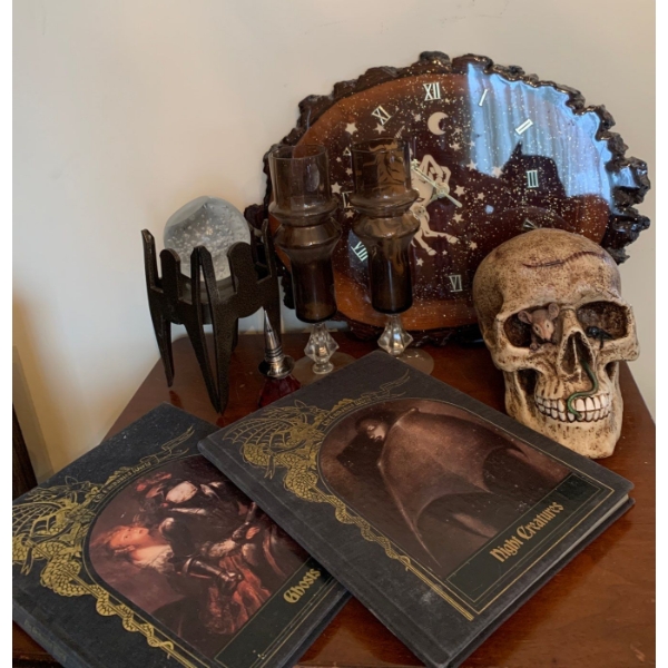 Dark Arts Collection - Burlwood Zodiac Clock  w/ Gothic Cocktail Glasses Crystal Ball Demon Books 