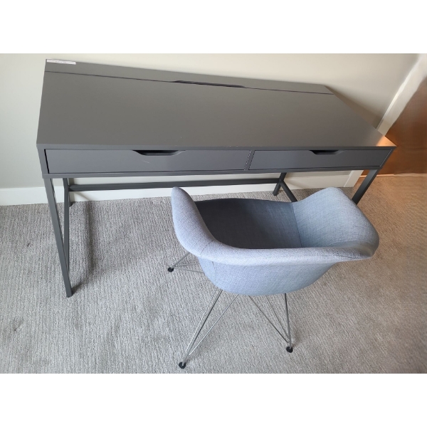 Grey Desk 52 w, 30 h, 23.5 d and Upholstered Desk Chair 25 w, 32 h, 18 d 