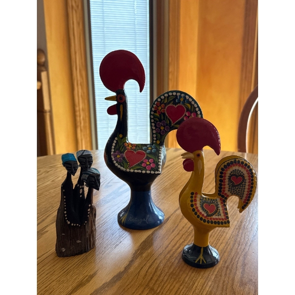 Portugal Metal Roosters Pair, Galo De Barcelos (Largest 10T) w/ Tribal Carving 