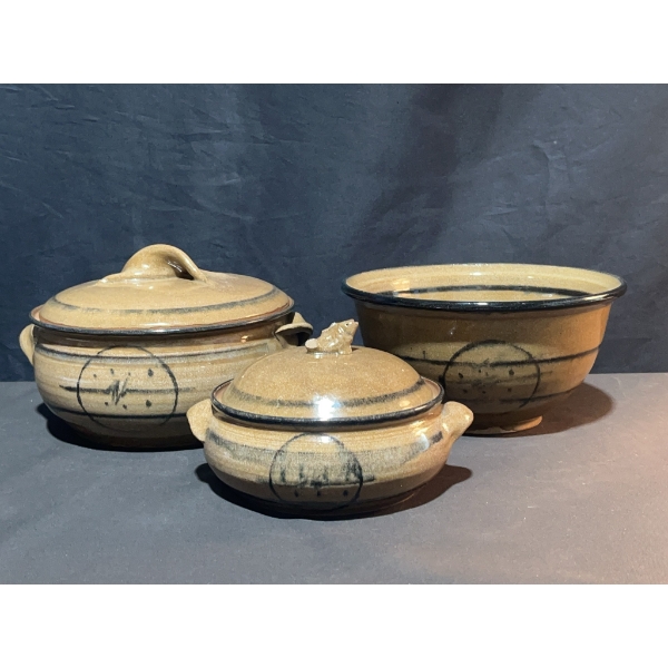 3 Glazed Stoneware Serving Pieces with Fish Motif Lids