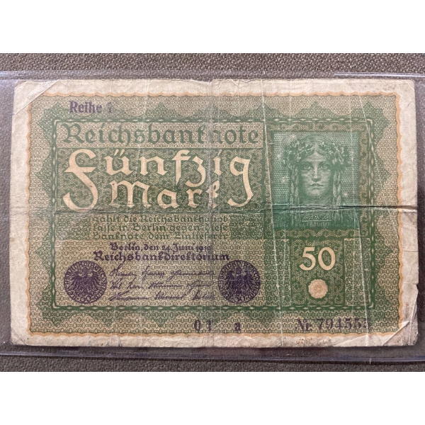 German 50 Mark Banknote, Early 20th Century, Green and Blue Design