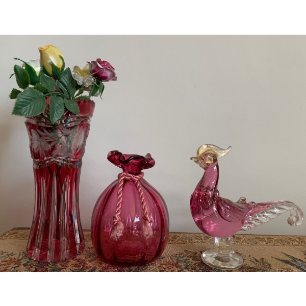 Cranberry Decorative Glassware w/ Fine Bone China Flowers 8T
