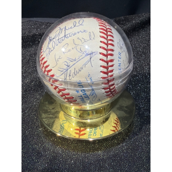 Autographed Baseball with Multiple Signatures in Display Case