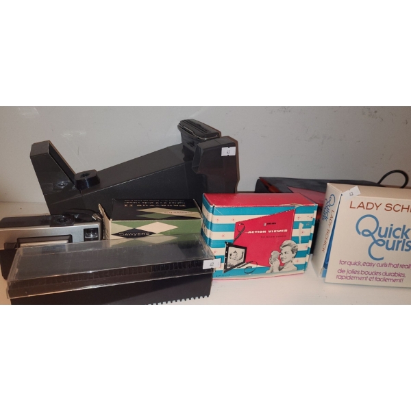 Kodak X-15 Camera, Slide/ Film Viewers, Vintage Lady Shick Quick Curls and Clairol Hairdryer 
