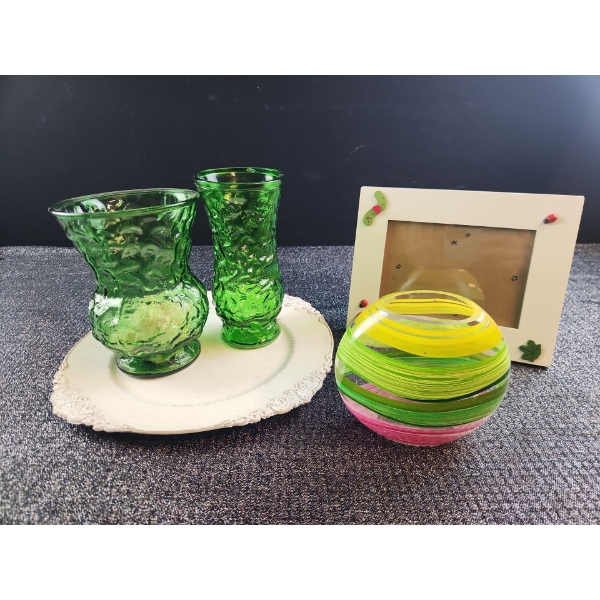 Emerald Green Hoosier Crinkle Glass Vases, With Assorted Home Decor and Seashells