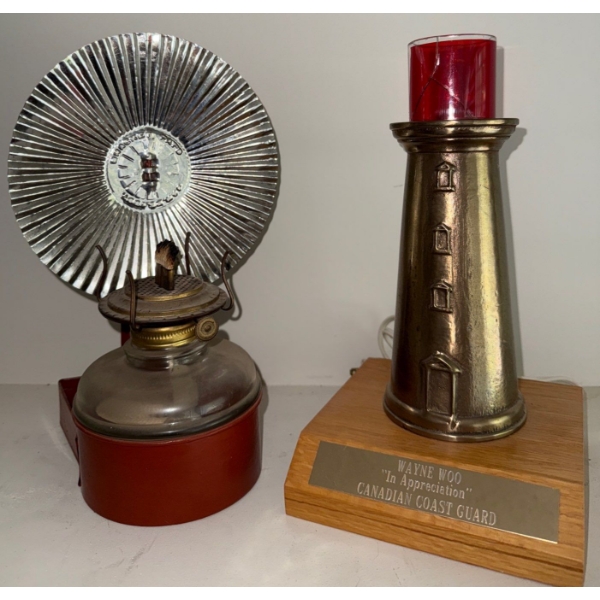 Antique Oil Lamp w/ Fluted Reflector & Light House Accomplishment Trophy 8T