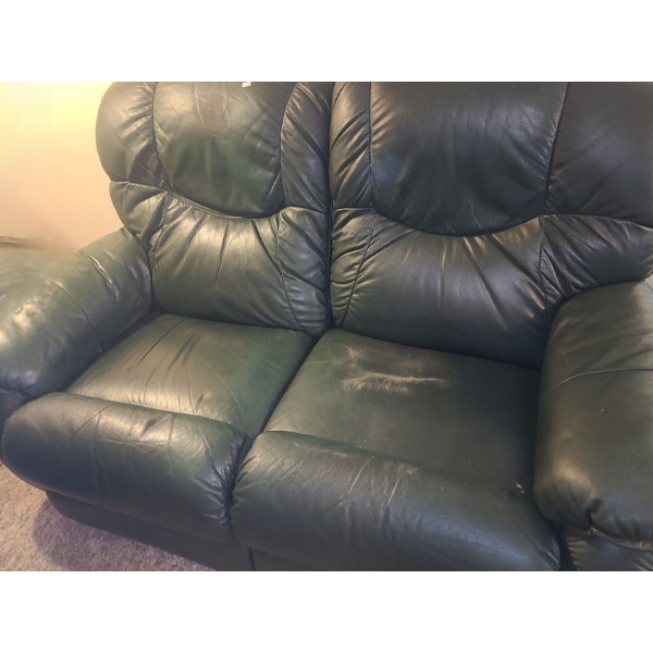 Green Leather 2 Seater Sofa 66 W, 34 D, 39 T w/ Reclining Feature