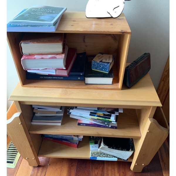 Wooden Bedside Table  (28W, 30T) w/ Assorted Religious Themed Reads, Alarm Clock 