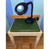 Image 1 : Antique Sitting Mini Bench For Sewing w/ Wooden Coat Hangers & Magnifying Lamp 