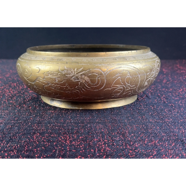 Engraved Brass Chinese Dragon Bowl, 7 Inches and Chinese Carved Cinnabar Lacquer Box 
