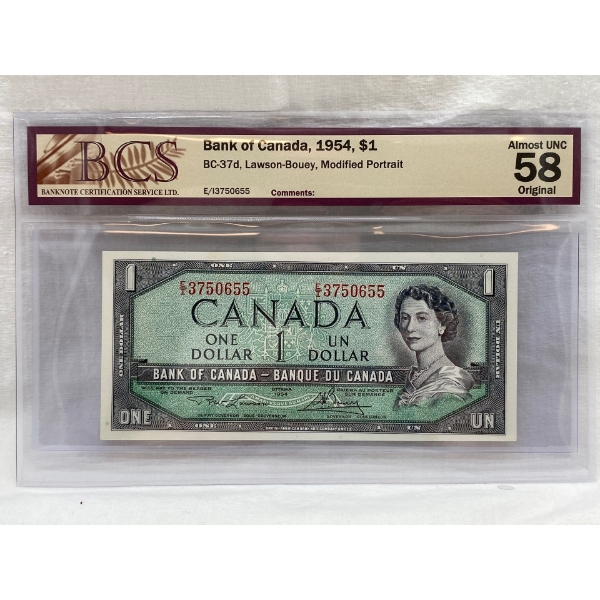 Graded Canadian 1954 Mod. Portrait $1 Almost UNC Prefix: E/I