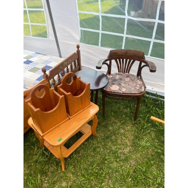 2 Wood Side Tables  W16H17L21 & Oak Sitting Chair L15 W15 H29With 2 Book Holders 