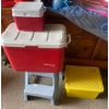 Image 2 : Large Camping Assortment-Colers, Water Jugs, Life Jaket, Gas Cans, Flashlight, Air Floaty, Stool, Pu