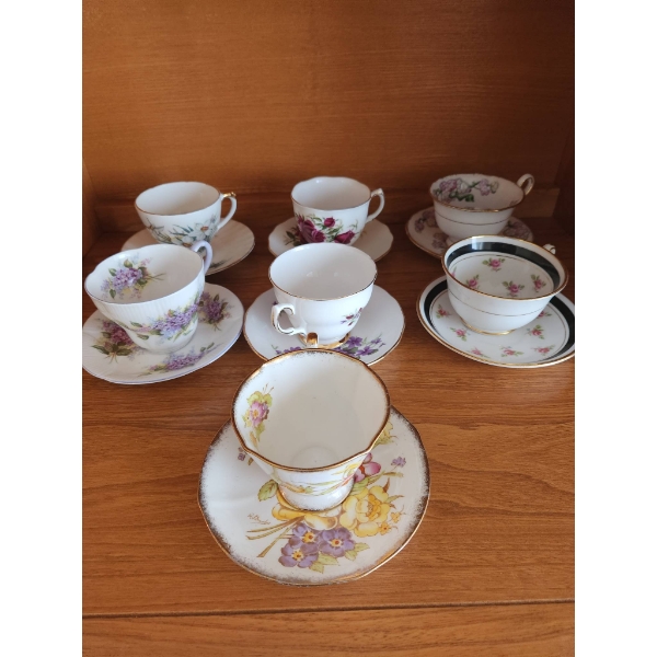 7 English Bone China Cups and Saucers by Various Makers