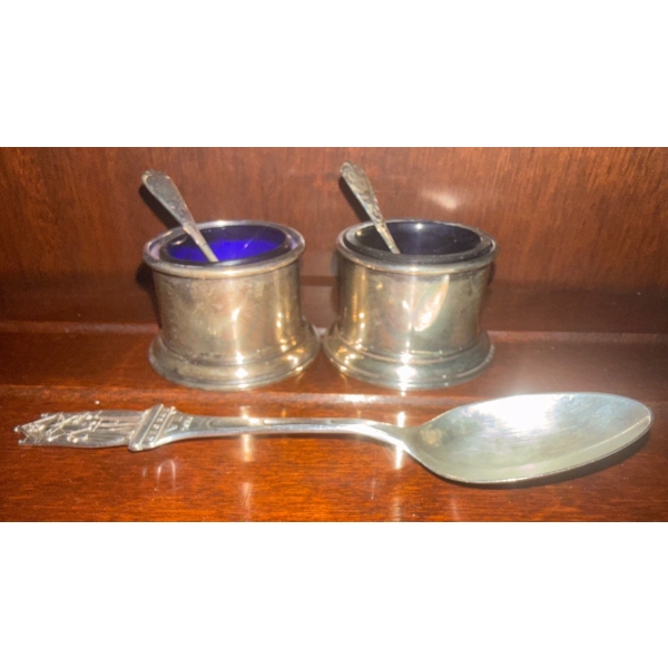 BIRKS Sterling Vintage Cobalt Blue Salt Cellars w/ Stamped Sterling Collectable Spoon