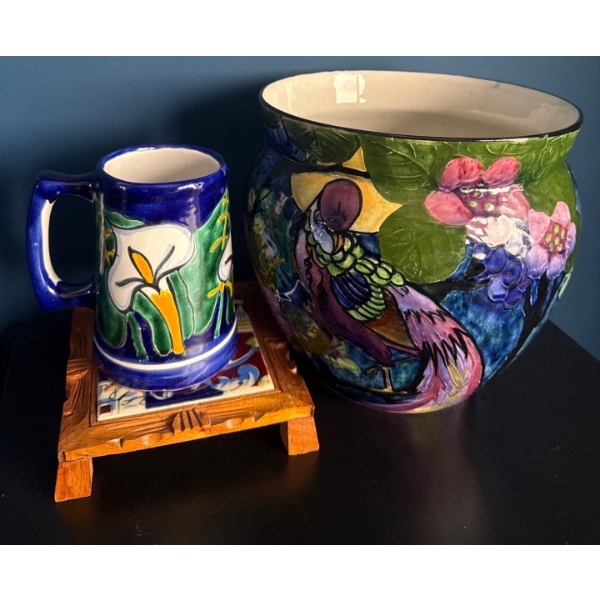 Mexican Talavera Calla Lily Vase w/ Pottery Stein & Trivet 