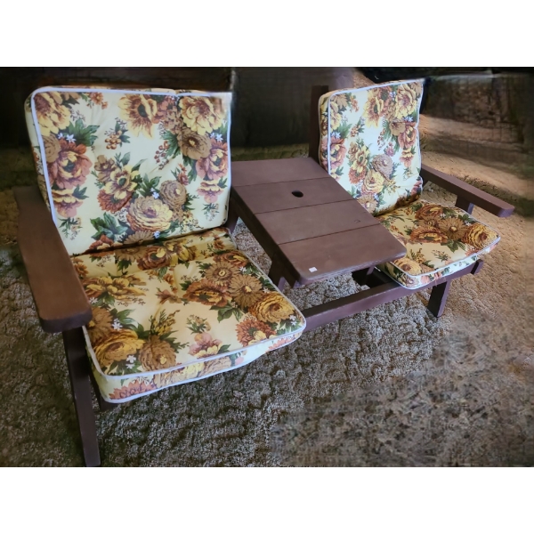 Outdoor 2 Seat Patio Chair w/ Attached Centre Table- Has Option to Add Umbrella 64 W, 26 D, 30 T