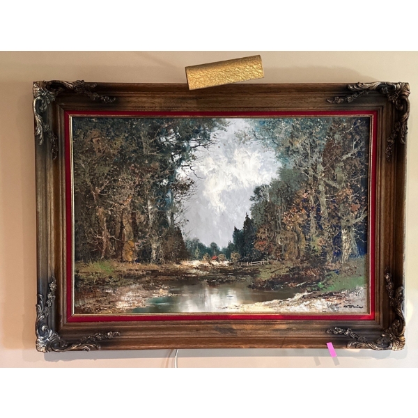 Stunning Original Painting w/ Illegible Signature - Velvet Trim & Light on Top 44W, 32T