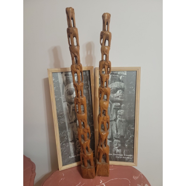 Hand Carved Teak Elephant Stacks 22T w/ Twin Grey Scale Art Prints