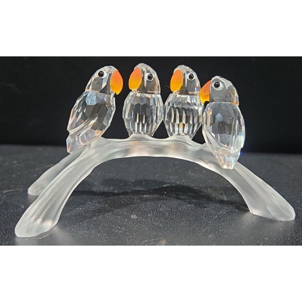 Swarovski Crystal 4 Parrots On Tree Branch (2"T & 4"L)