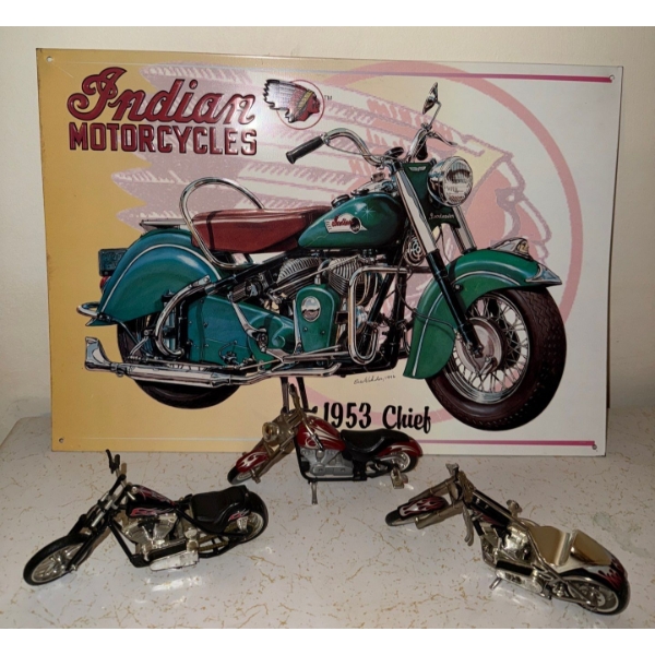 Indian Motorcycle Signage w/Three Model Motorcycles (One Has Broken Handlebars)