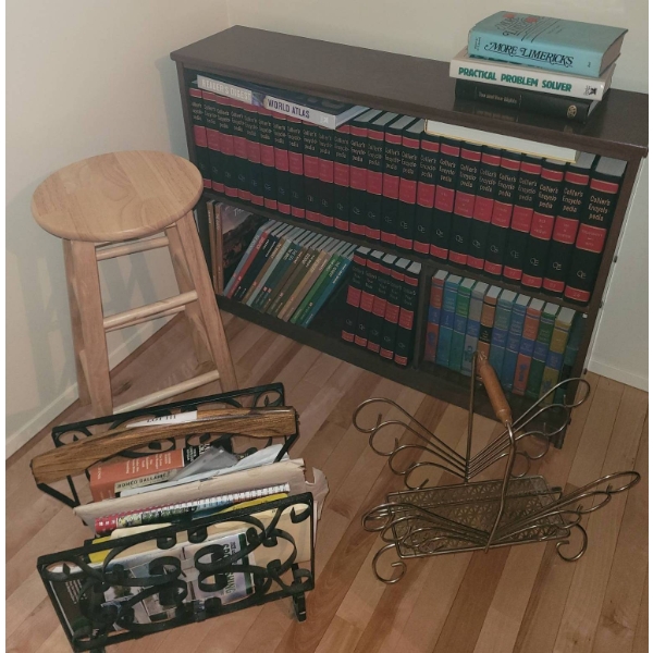 Bookshelf with Colliers Encyclopedia Set, Yearbooks, and Two Magazine Holders